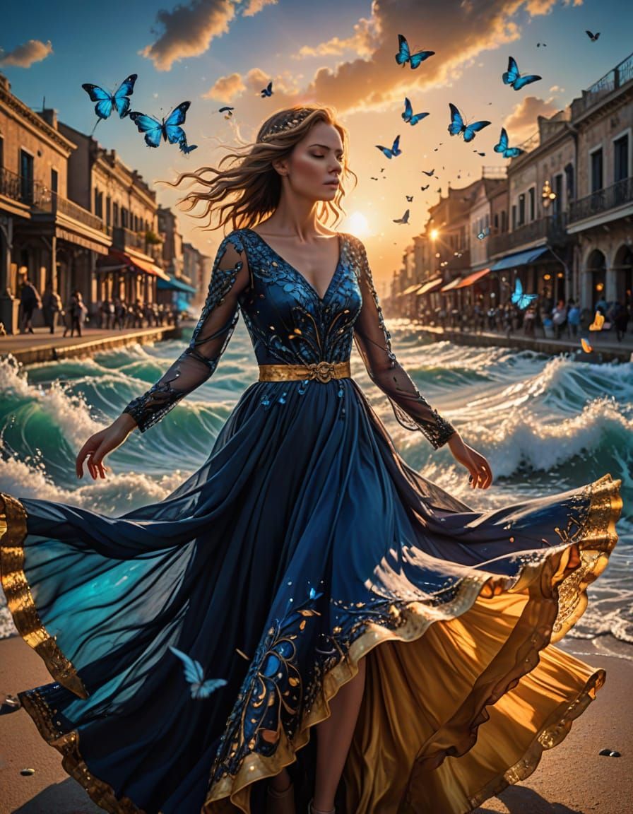 Surrealistic Splash Scene with Dancing Woman in Vibrant Blue...