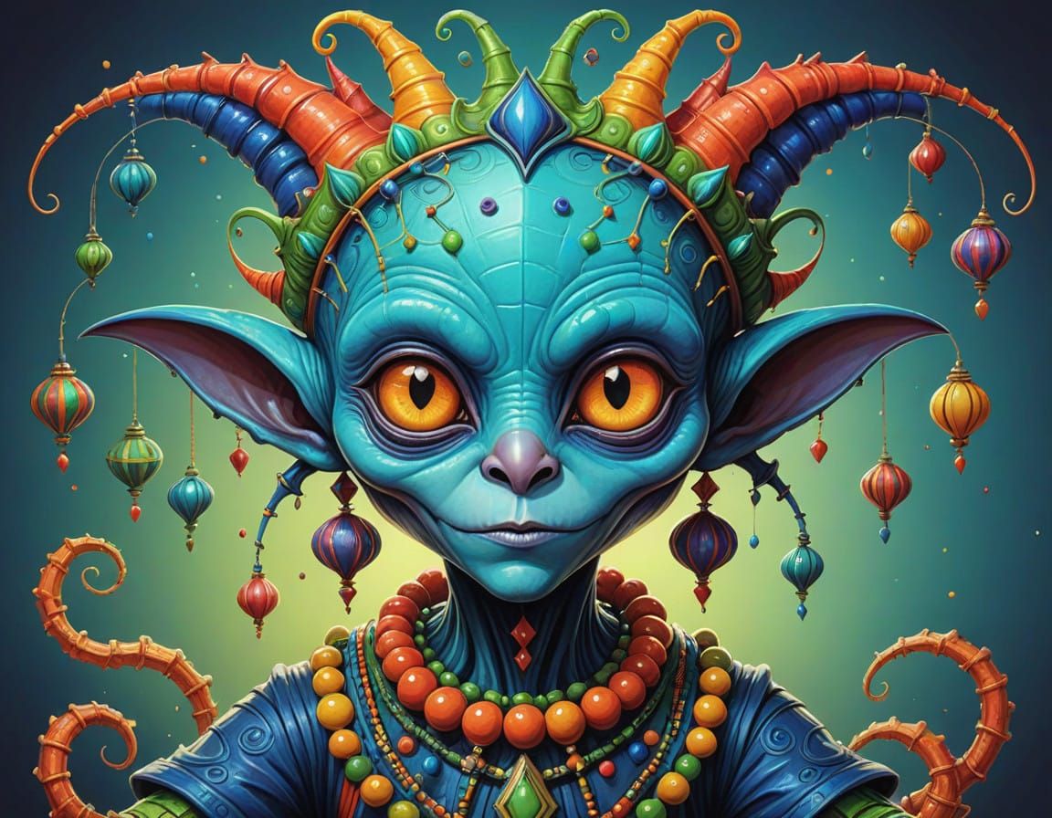 Whimsical Alien Jester in Vibrant Abstract Art