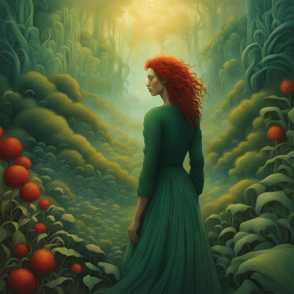 Red-Haired Alchemist in a Mystical Botanical Garden