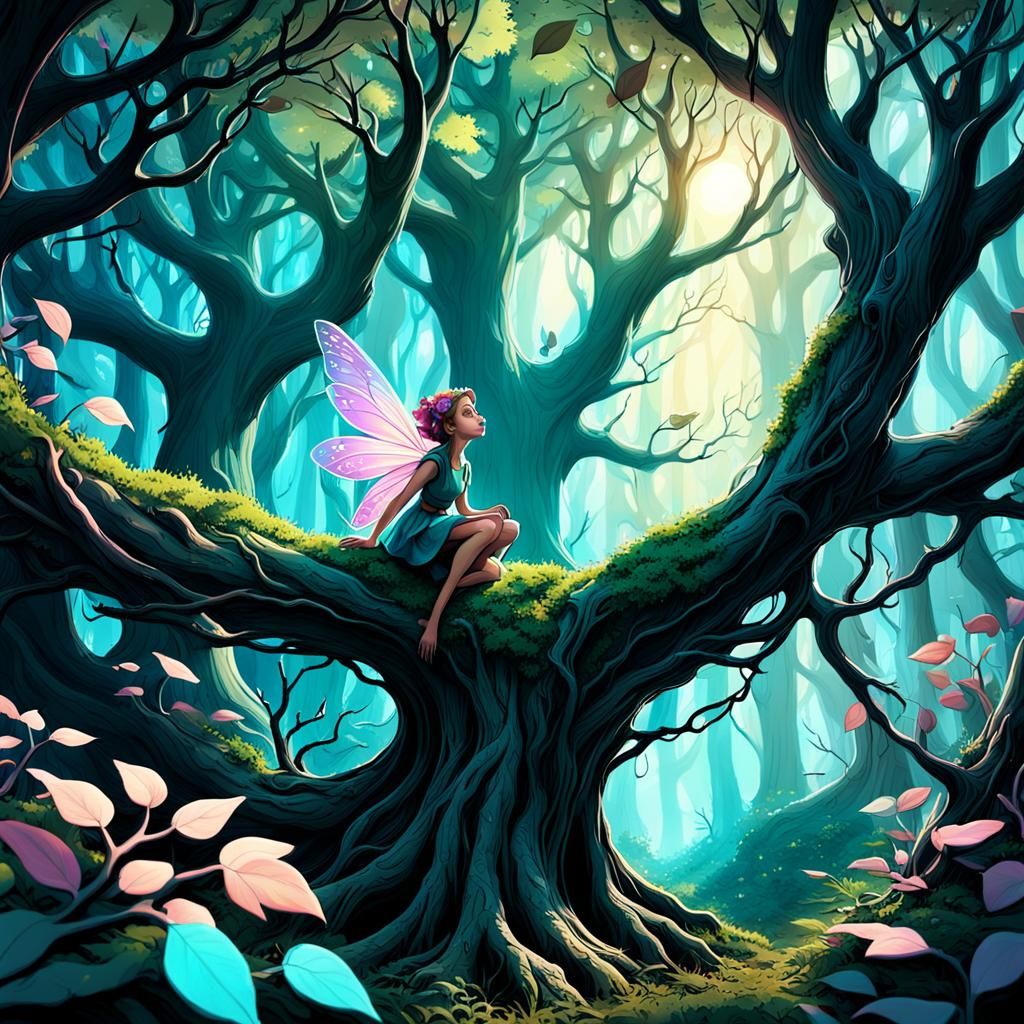 Fairy in Enchanted Forest: Digital Coloring Book Art