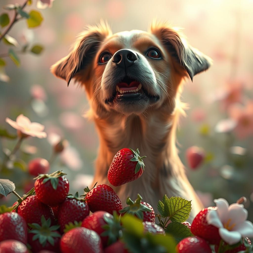 Dog Savoring Juicy Strawberries in a Fantastical Garden