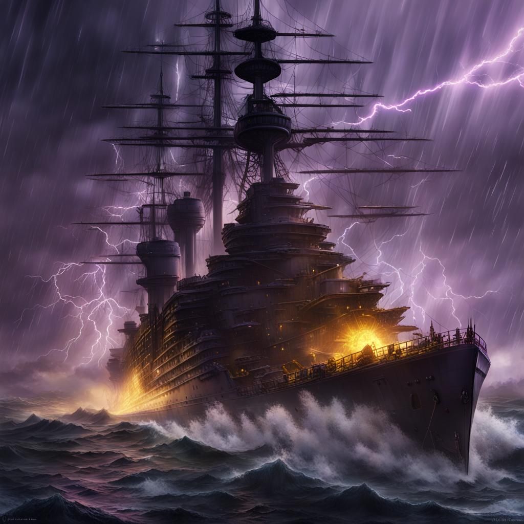 Battleship Under Attack in Thunderstorm: Dark Fantasy Art