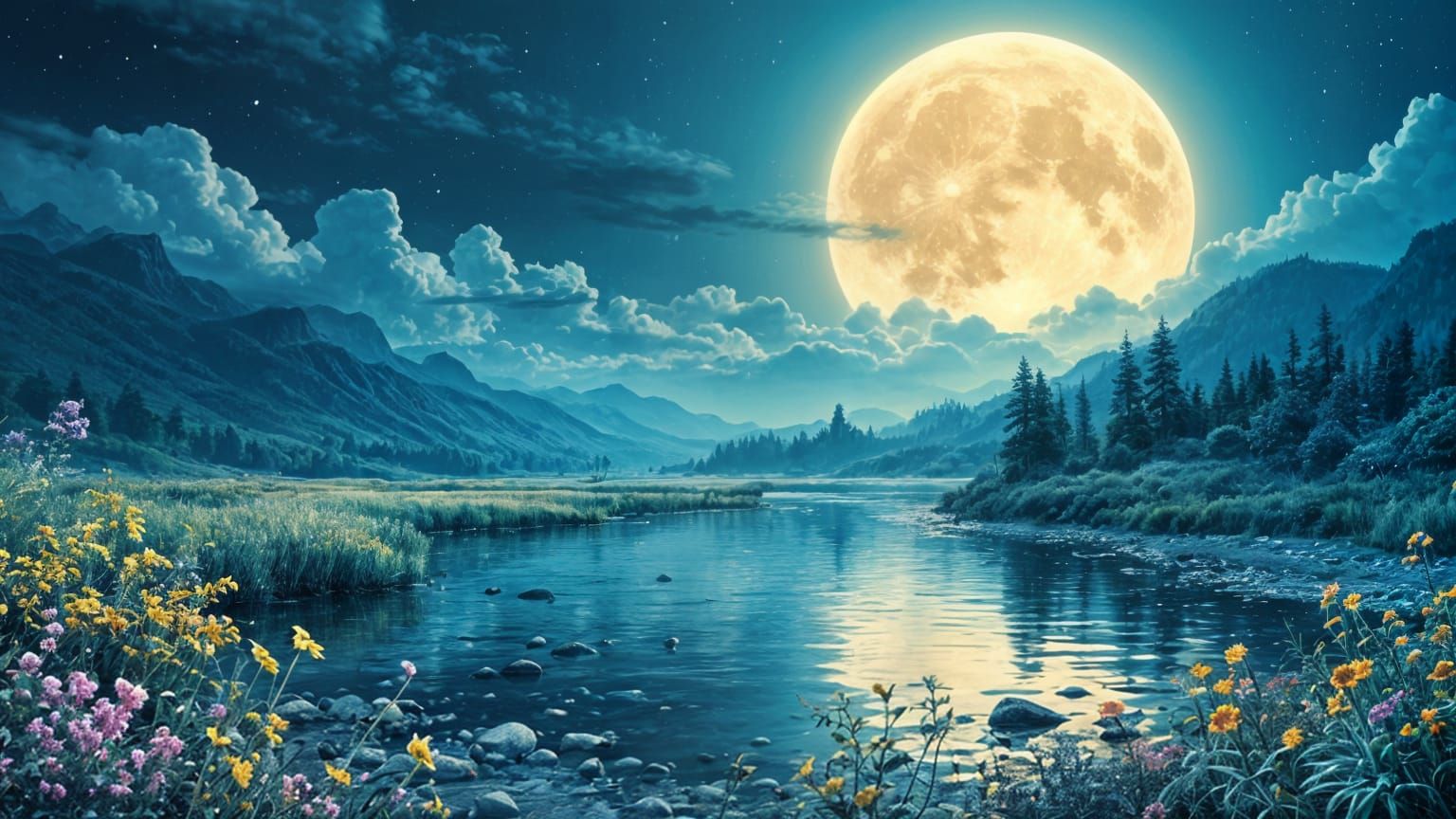 Surreal River Landscape under a Full Moon