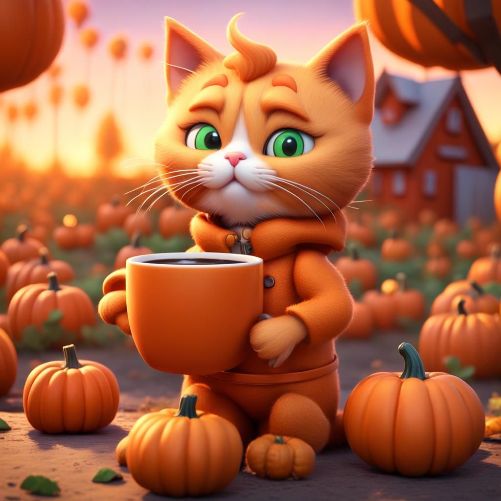 Orange Kitty Sipping Coffee: Pixar-Style 3D Art