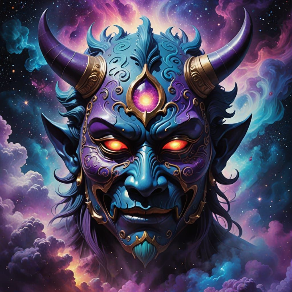Surreal Oni Mask Merging with Cosmic Nebulae