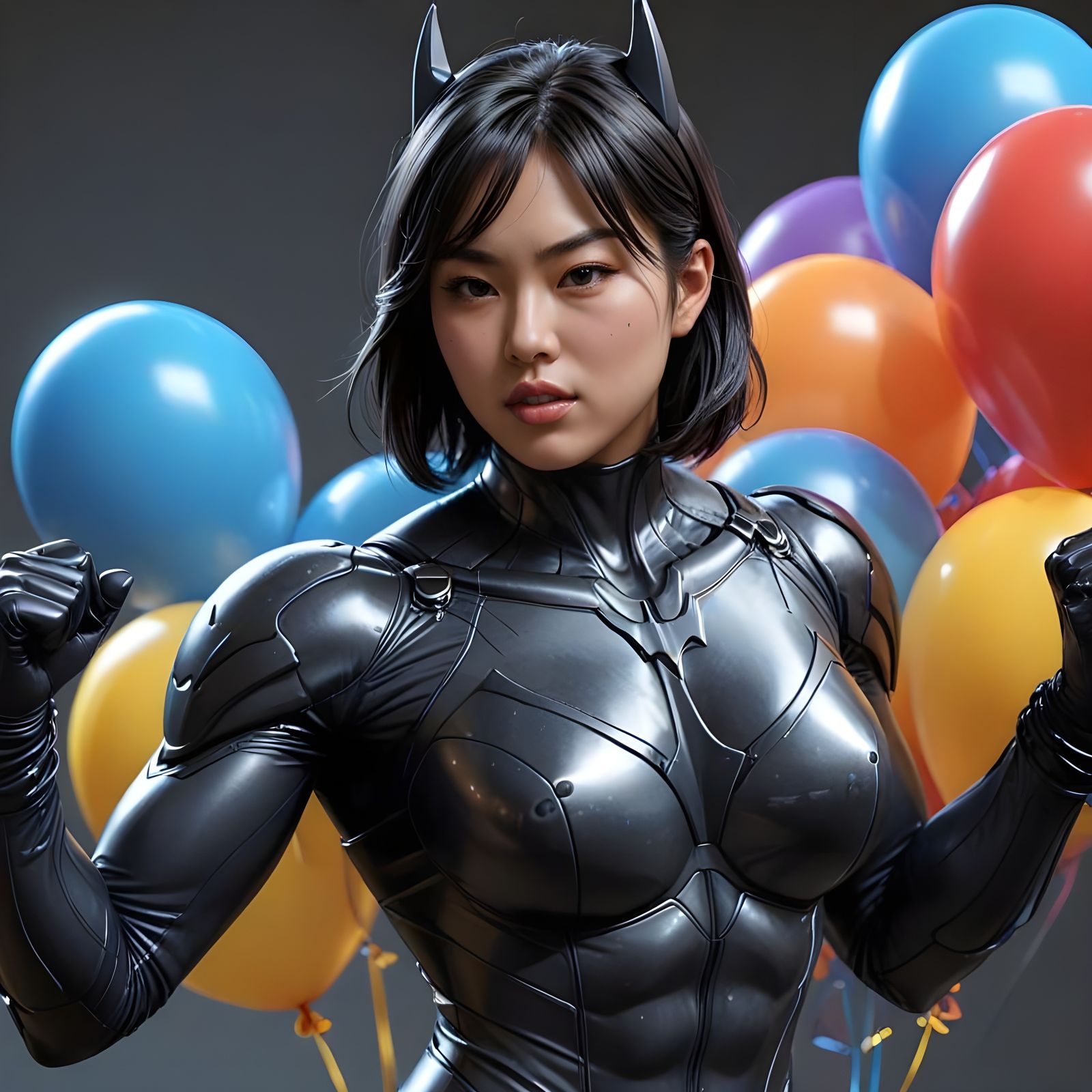 Muscular Bat-Woman Flexing in Balloon Wonderland