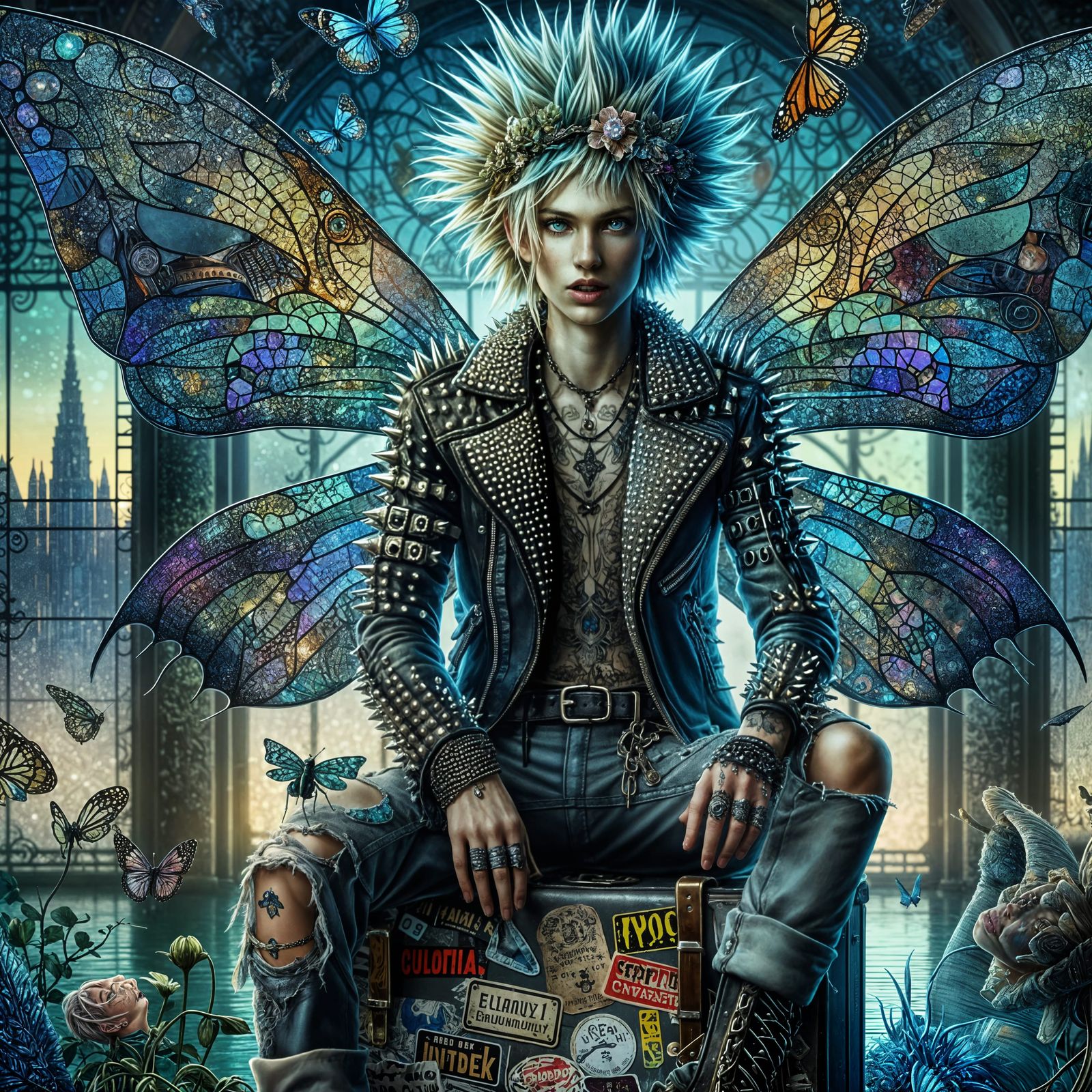 Punk Fairy with Stained Glass Wings in Art Nouveau Style