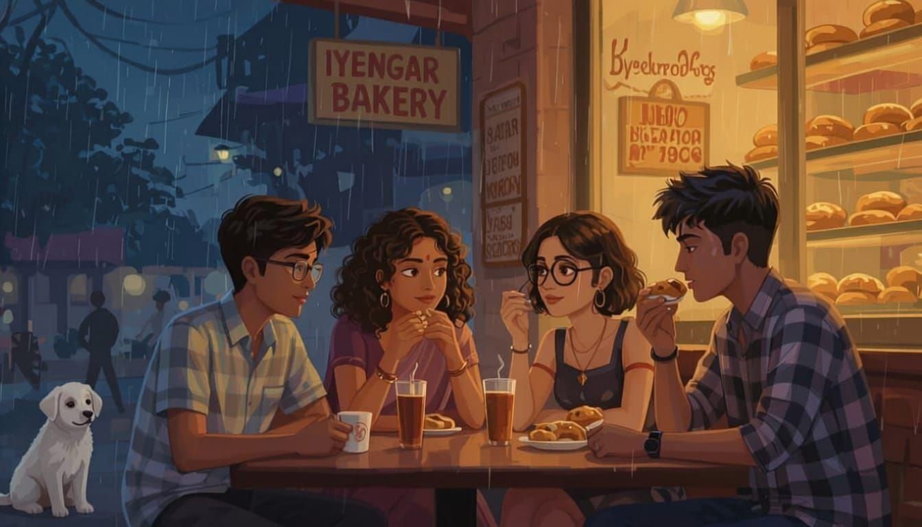 Friends at Iyengar Bakery in Rainy, Realistic Scene
