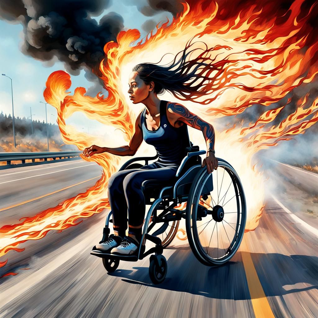 Surreal Racing Wheelchair Dreamscape on Fiery Highway