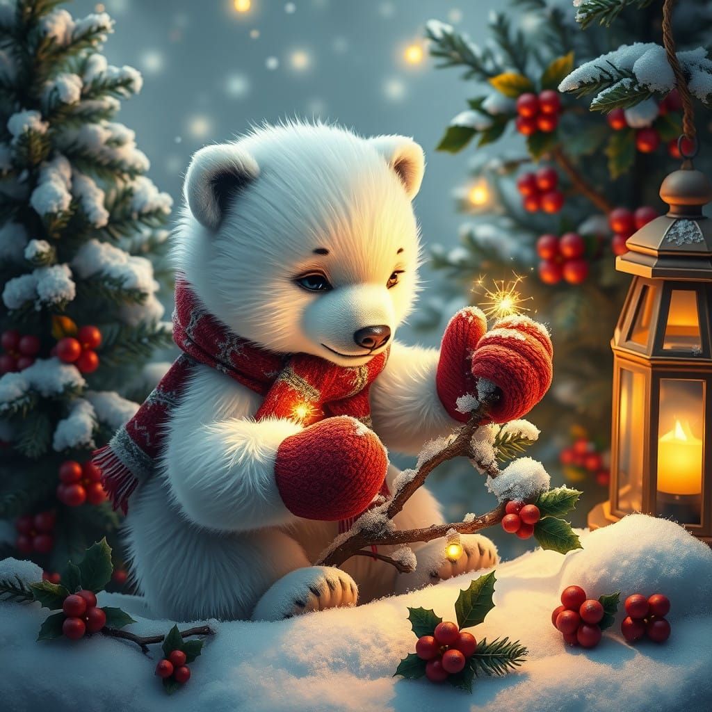 Polar Bear Cub Illuminates Winter Wonderland with Festive Ch...