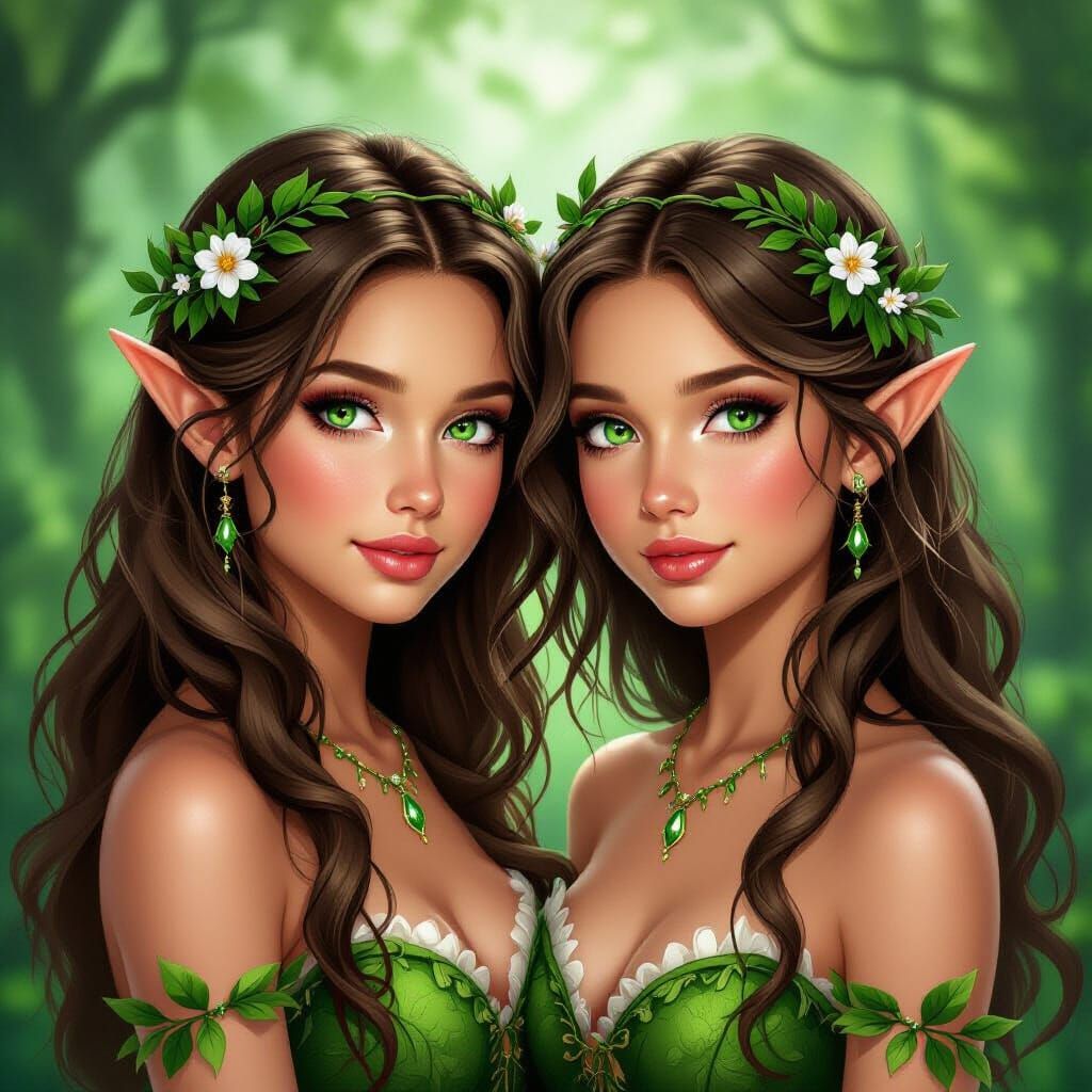 Twin Forest Fairies with Green Eyes and Tanned Skin