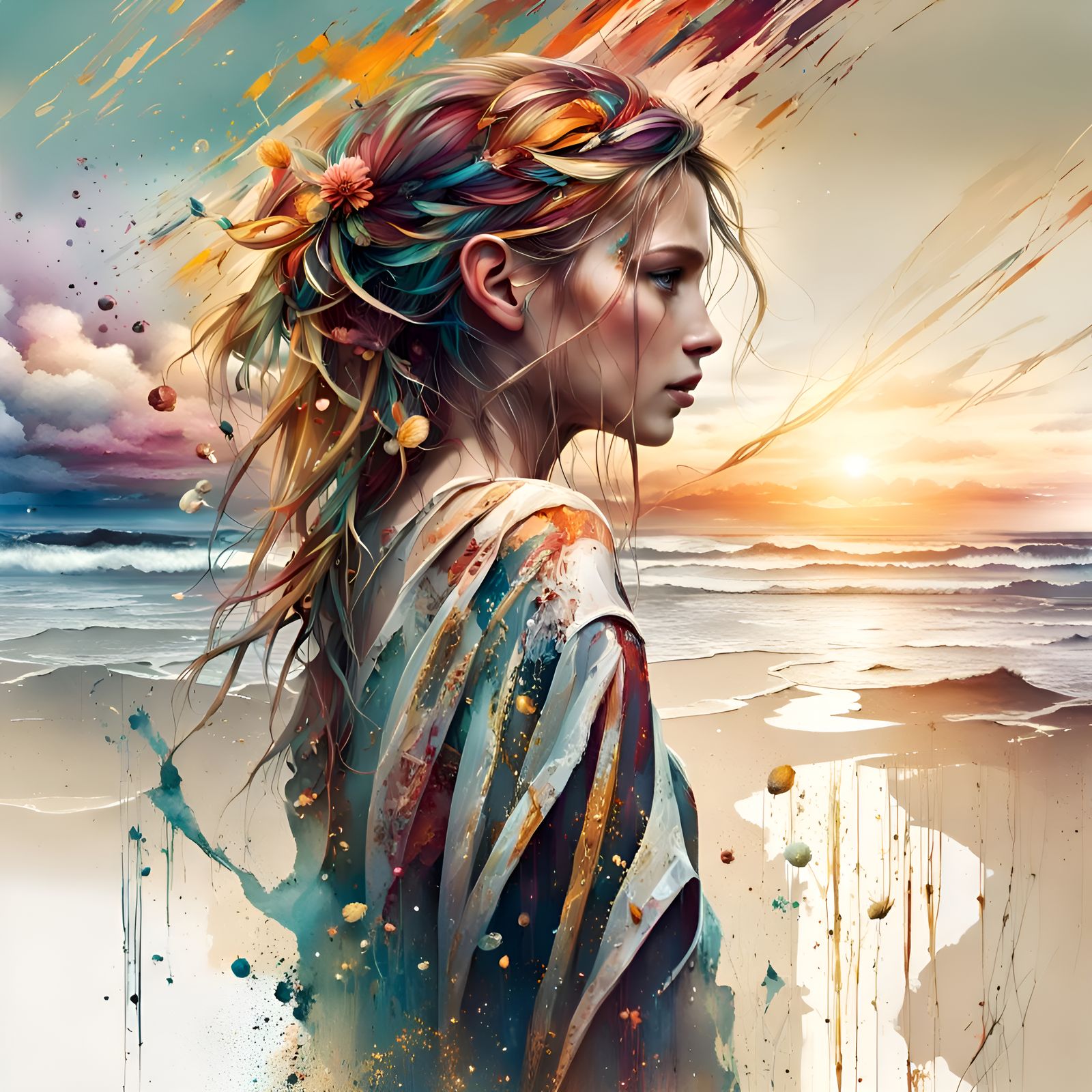 Girl on Windy Beach at Sunset, Watercolor Style