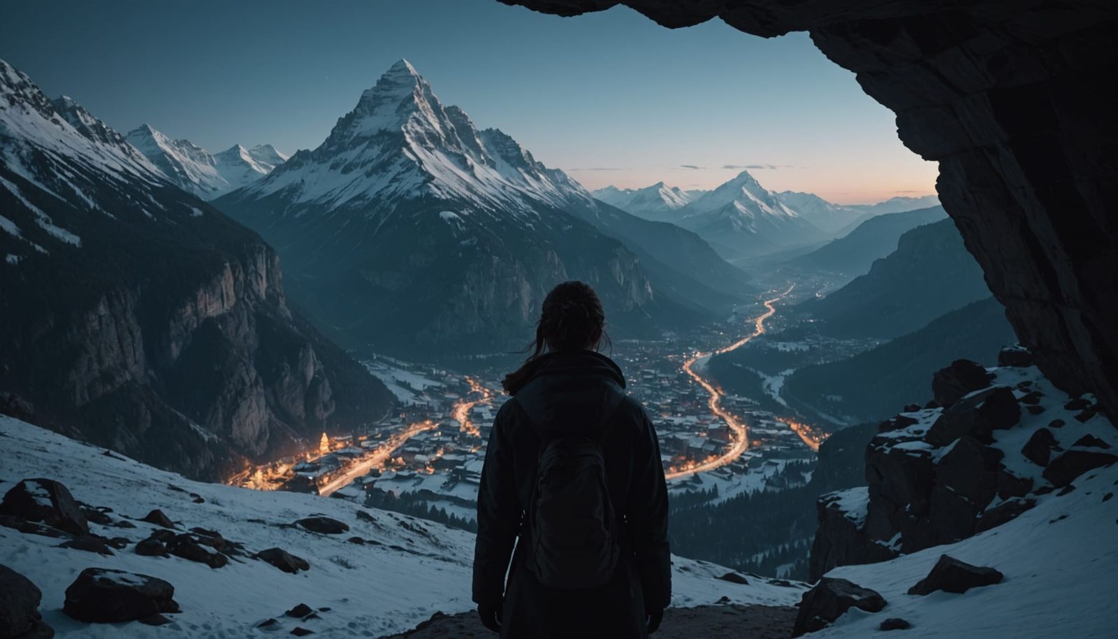 Snowy Mountain View from Cave at Night