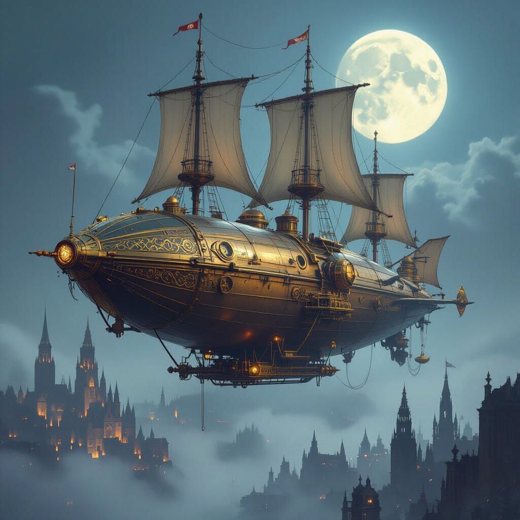 Steampunk Airship Soaring Through Moonlit Gothic Cityscape