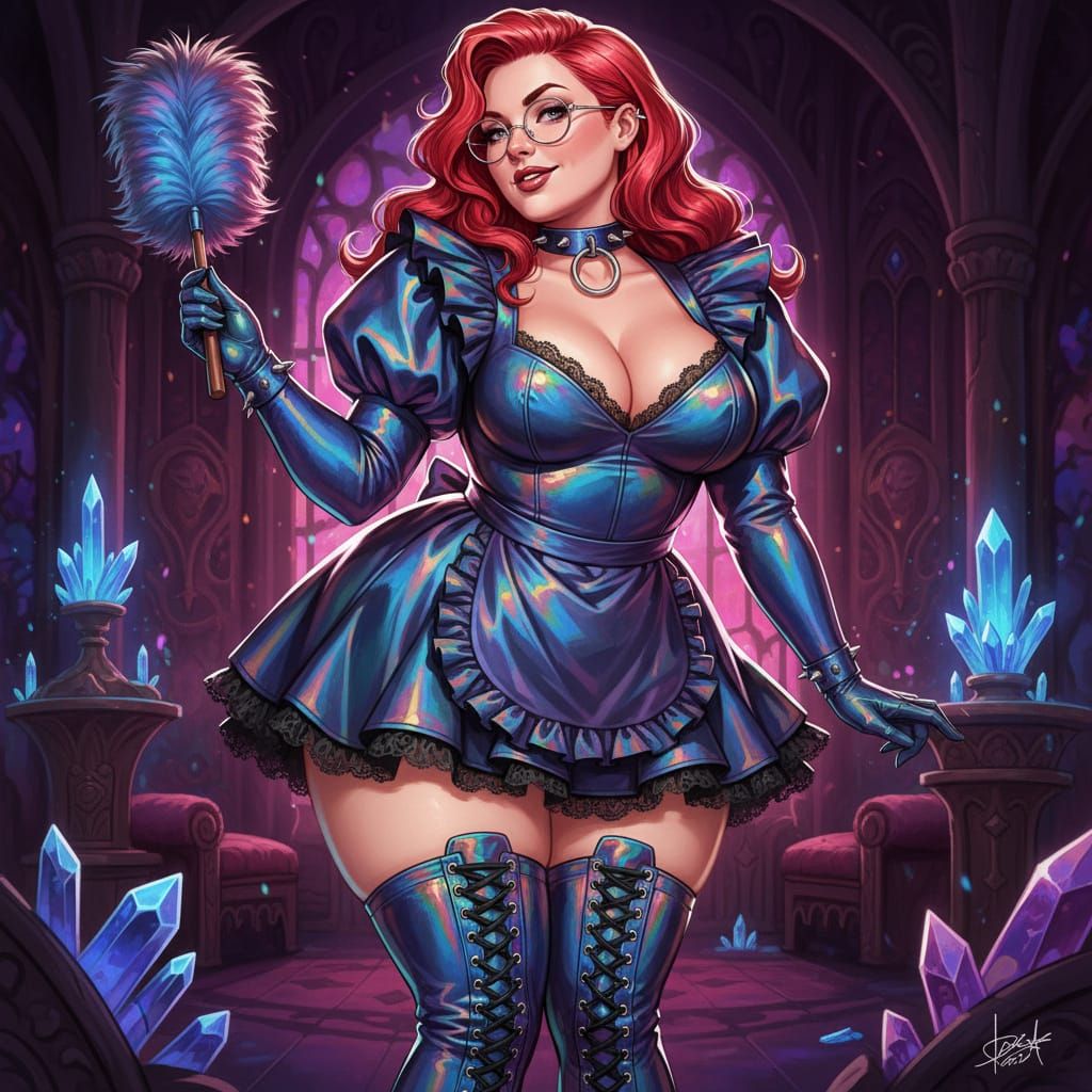 Ginger Woman in Iridescent French Maid Outfit