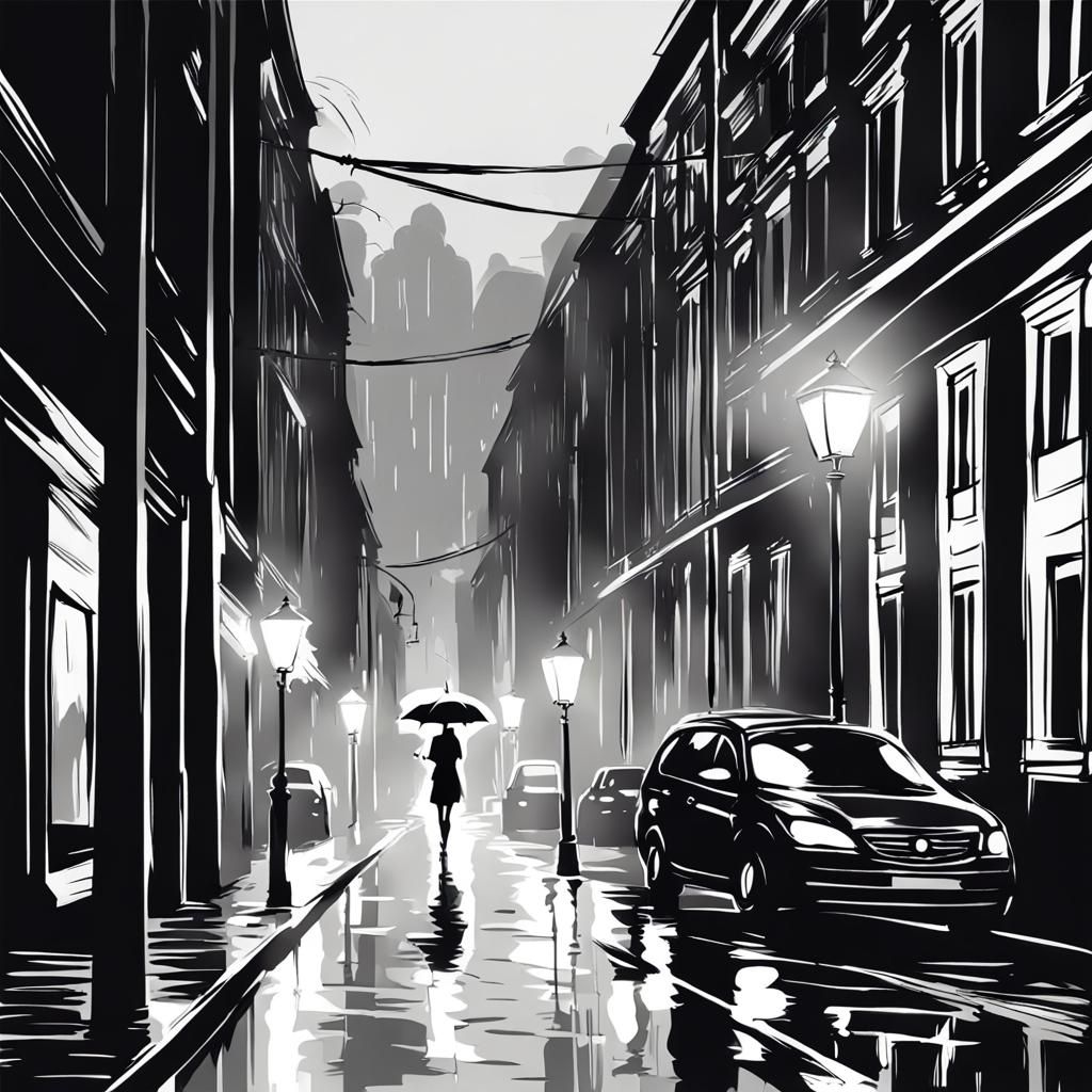 Rainy Street: Artistic Black and White Sketch