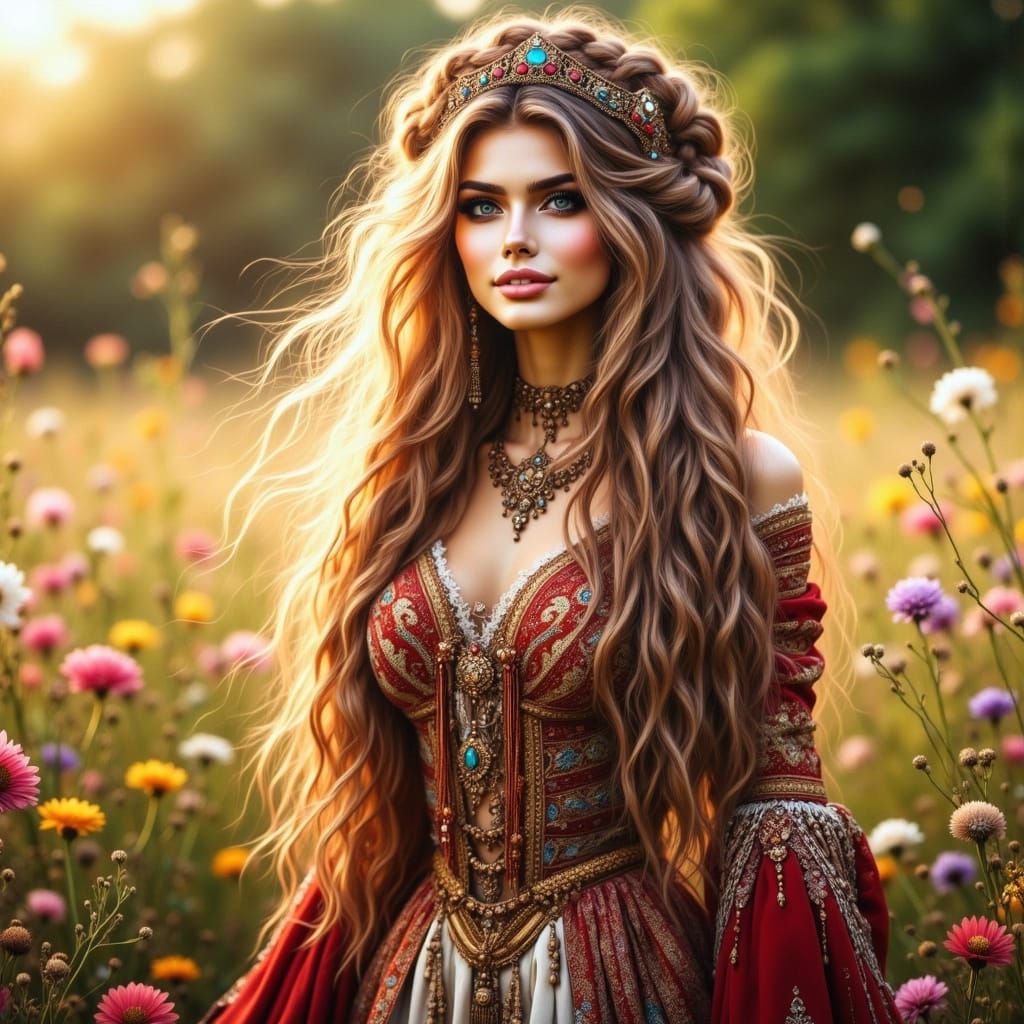 Regal Tsarina in a Field of Wildflowers, Inspired by 17th-Ce...