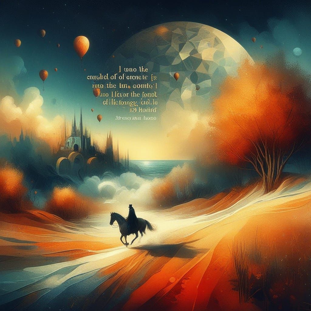 Surrealist Night Landscape with Starry Sky and Ghostly Carav...