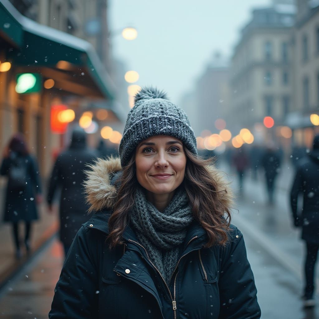 Woman Waits at Snowy Bus Stop