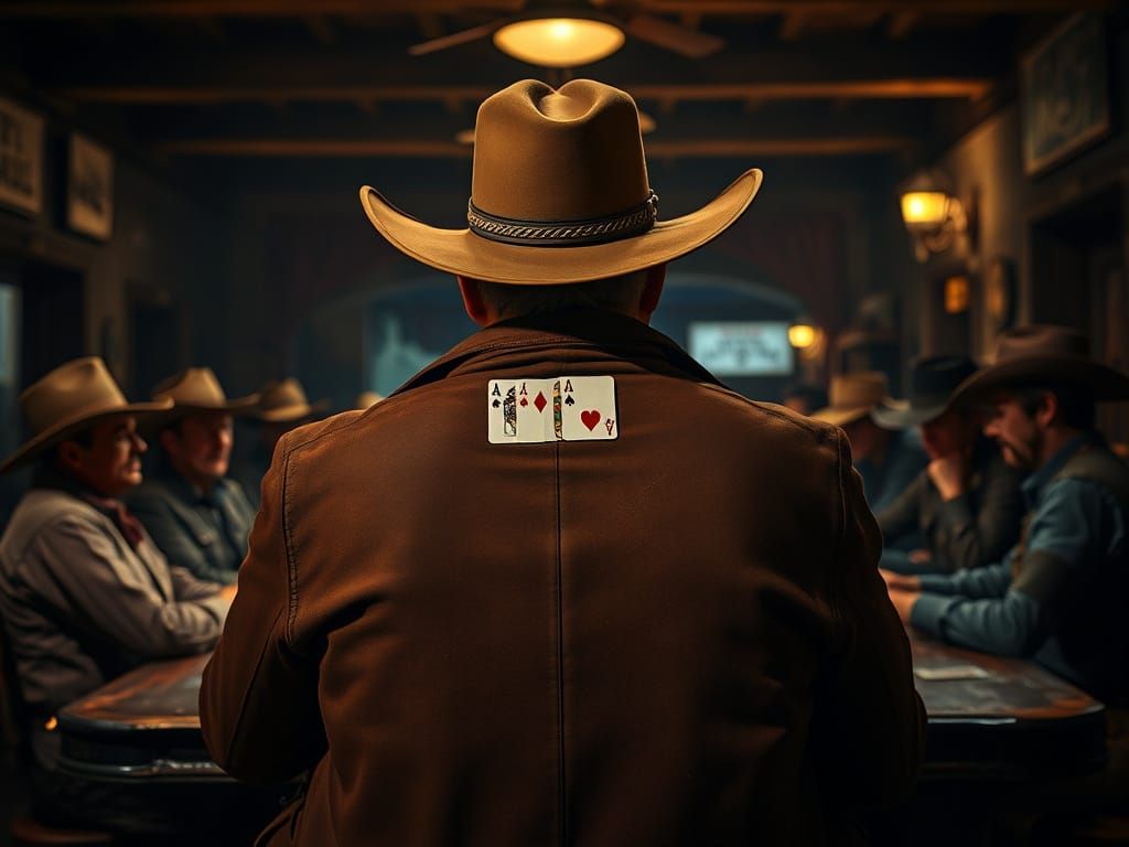 Cowboy Poker Game in Western Saloon at Night