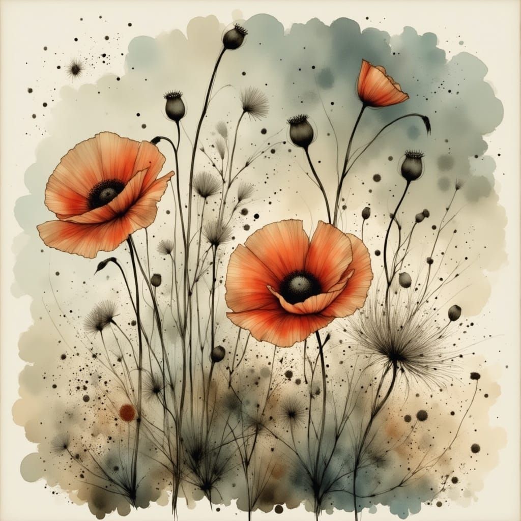 Intricate Watercolor Poppy Blossom in a Whimsical World