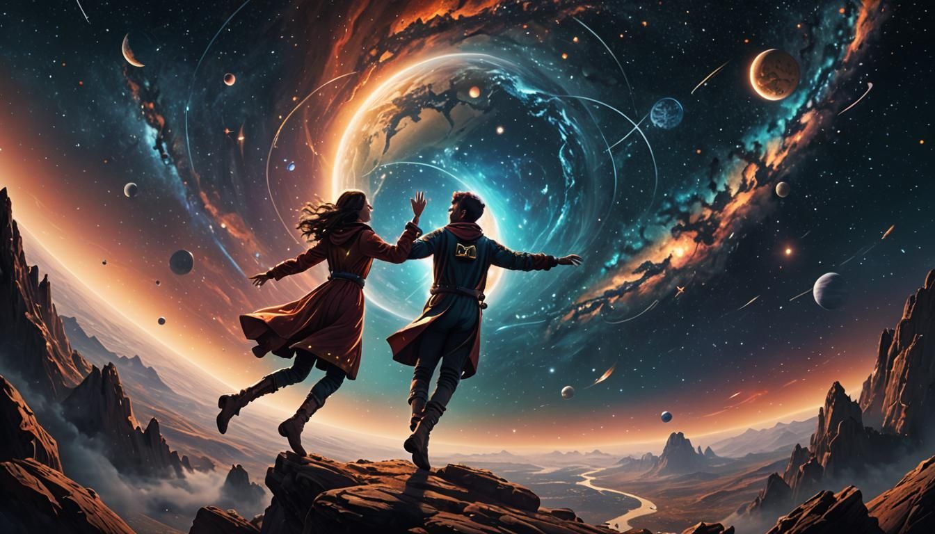 Lovers Floating in Space Reach Across the Stars