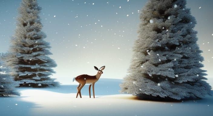 bambi laying on the snow christmas trees 3D Game Cinematic Feel, Epic 3D Videogame Graphics, Intricately Detailed, 8K Re...