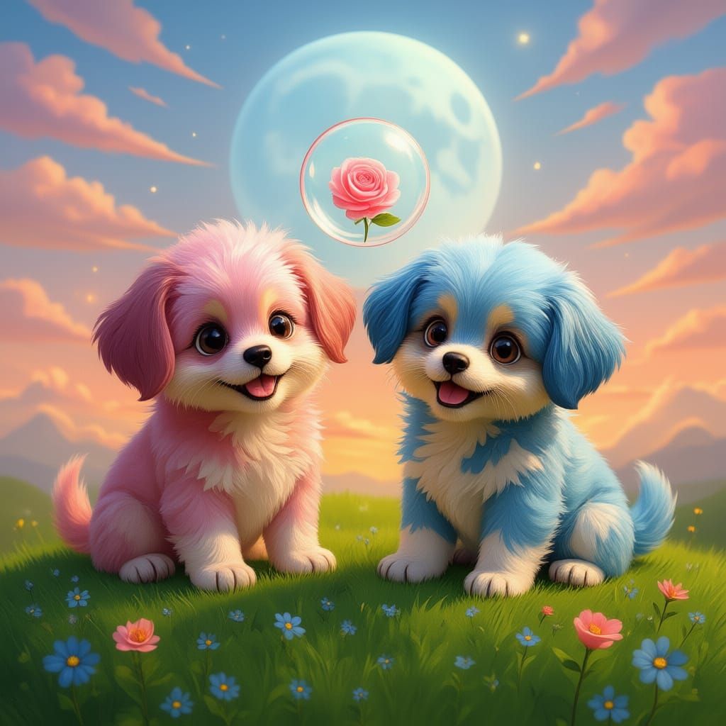 Two Adorable Puppies with Rose in Bubble