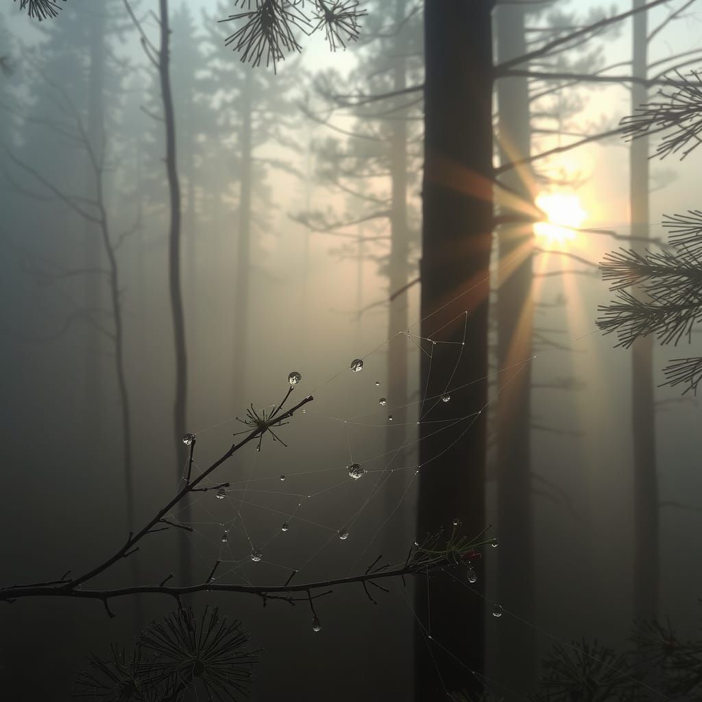 Ethereal Mist in Ancient Forest at Dawn