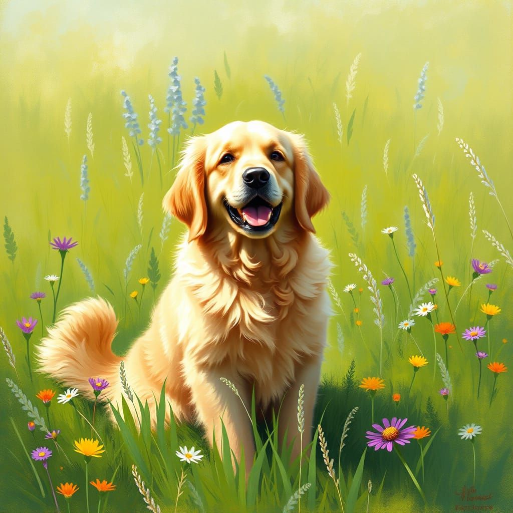 Golden Retriever in Impressionist Landscape