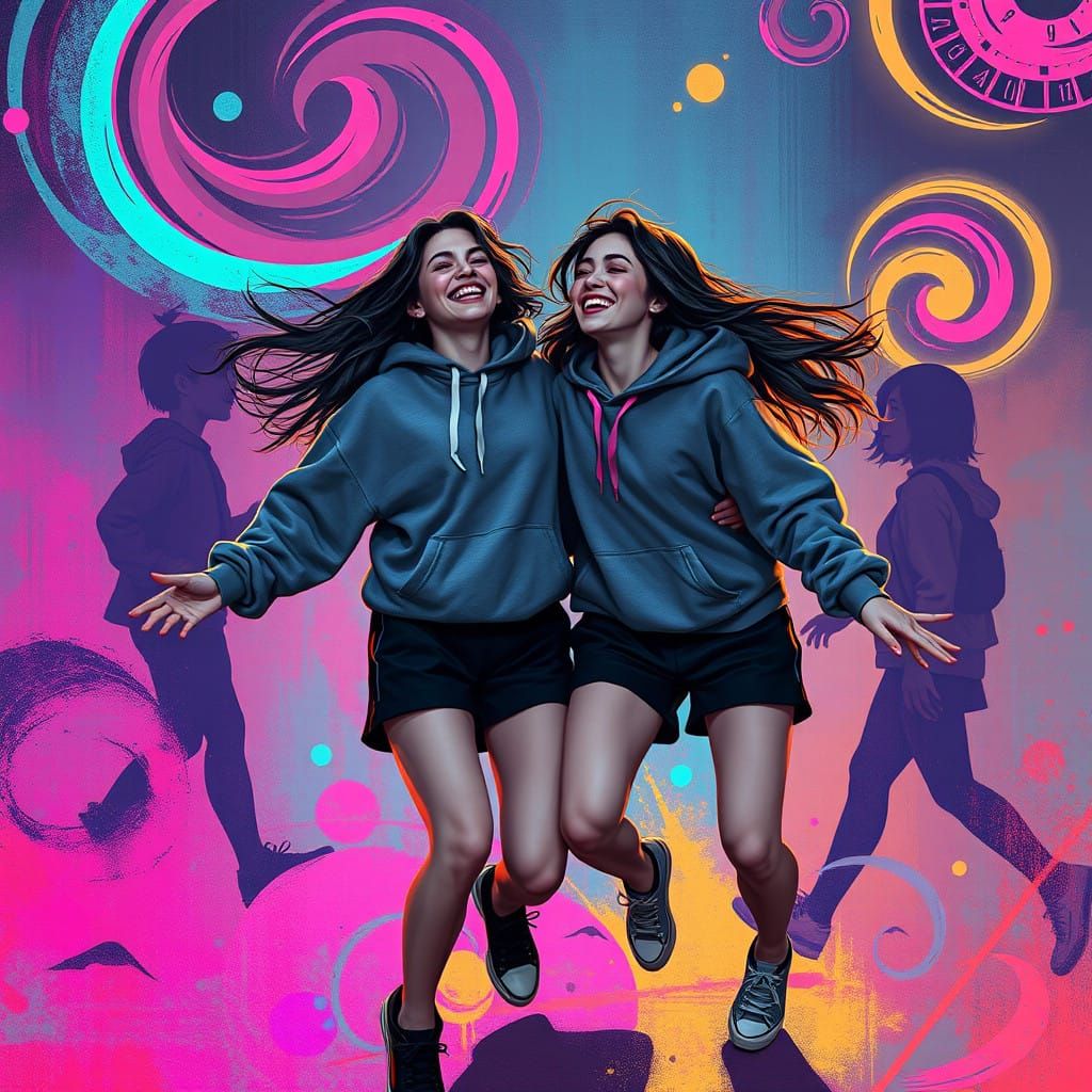 Two Women Lost in Joyful Dance Amid Whimsical Patterns