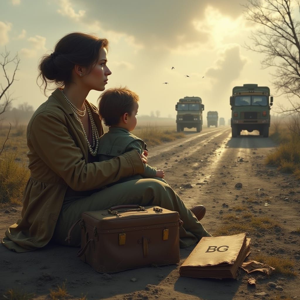 Em uma vila destruída pela guerra, uma mulher com um colar de pérolas gravado com 'BG' observa os caminhões militares pa...