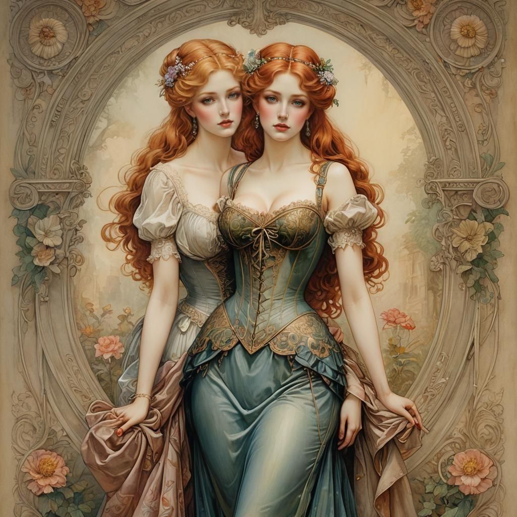 Historical Portrait of Two Girls in Art Nouveau Style