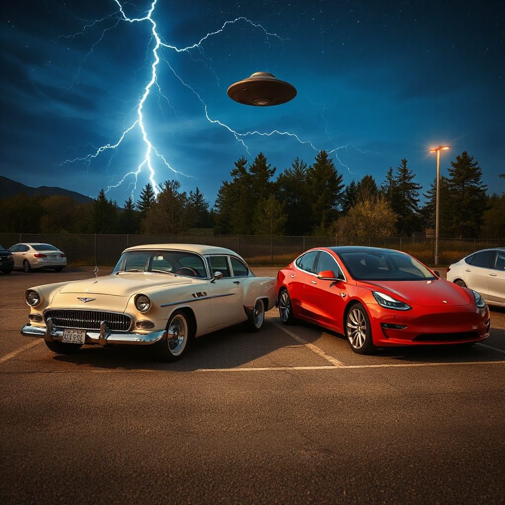 Classic Car and Fried Tesla Under UFO Hover