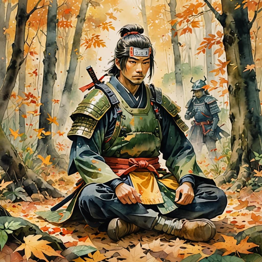 Samurai in Autumn Jungle: Watercolor Anime Style