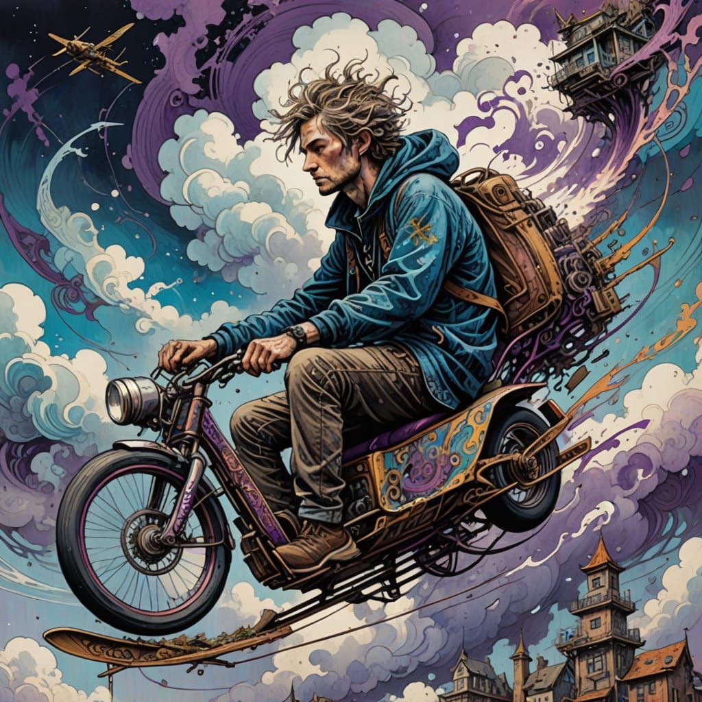 Teen Gliding Through Tornado: Whimsical Mixed Media Art