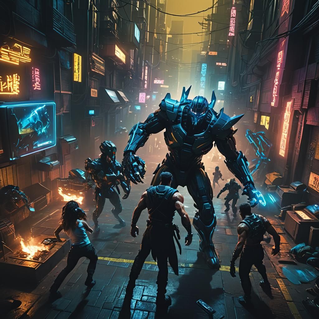 Moses and Abram vs Goliath in Cyberpunk Style