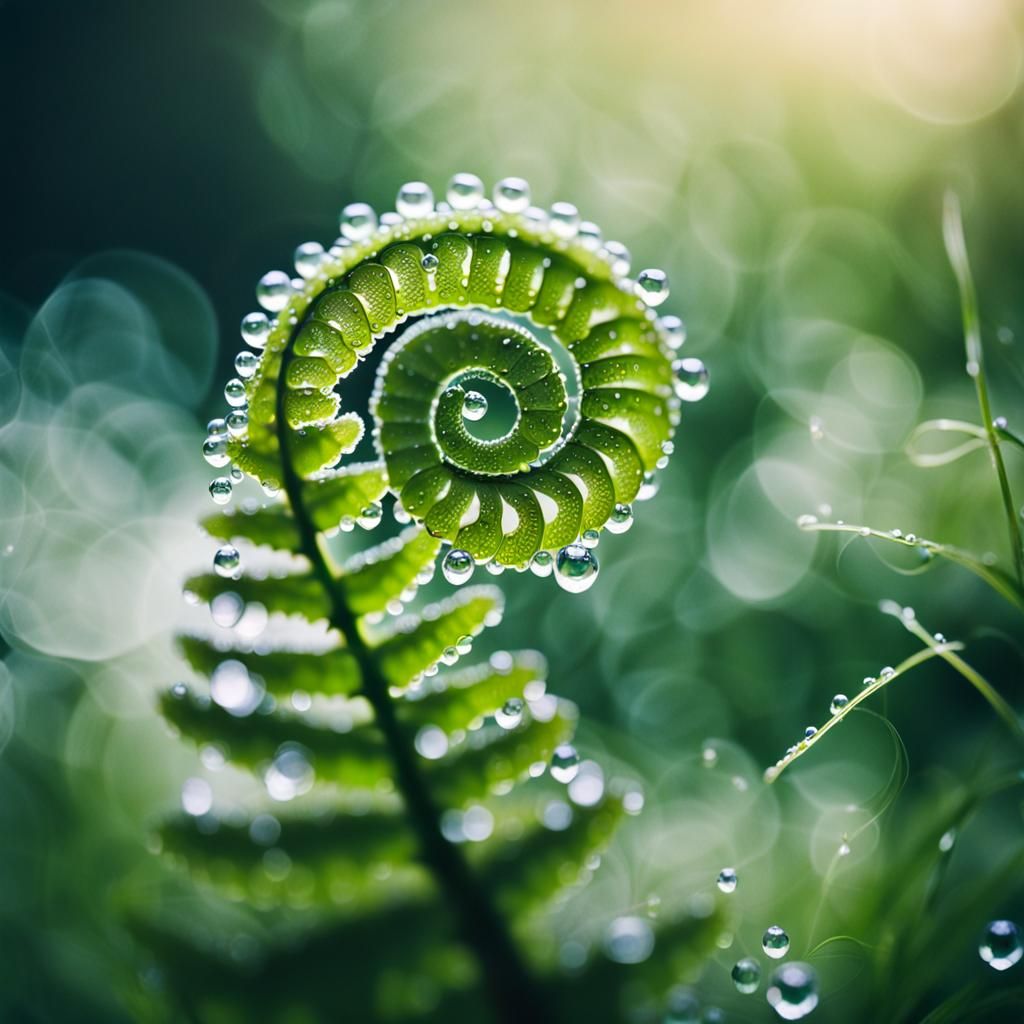 Macro Photo of Curled Fern with Dewdrops