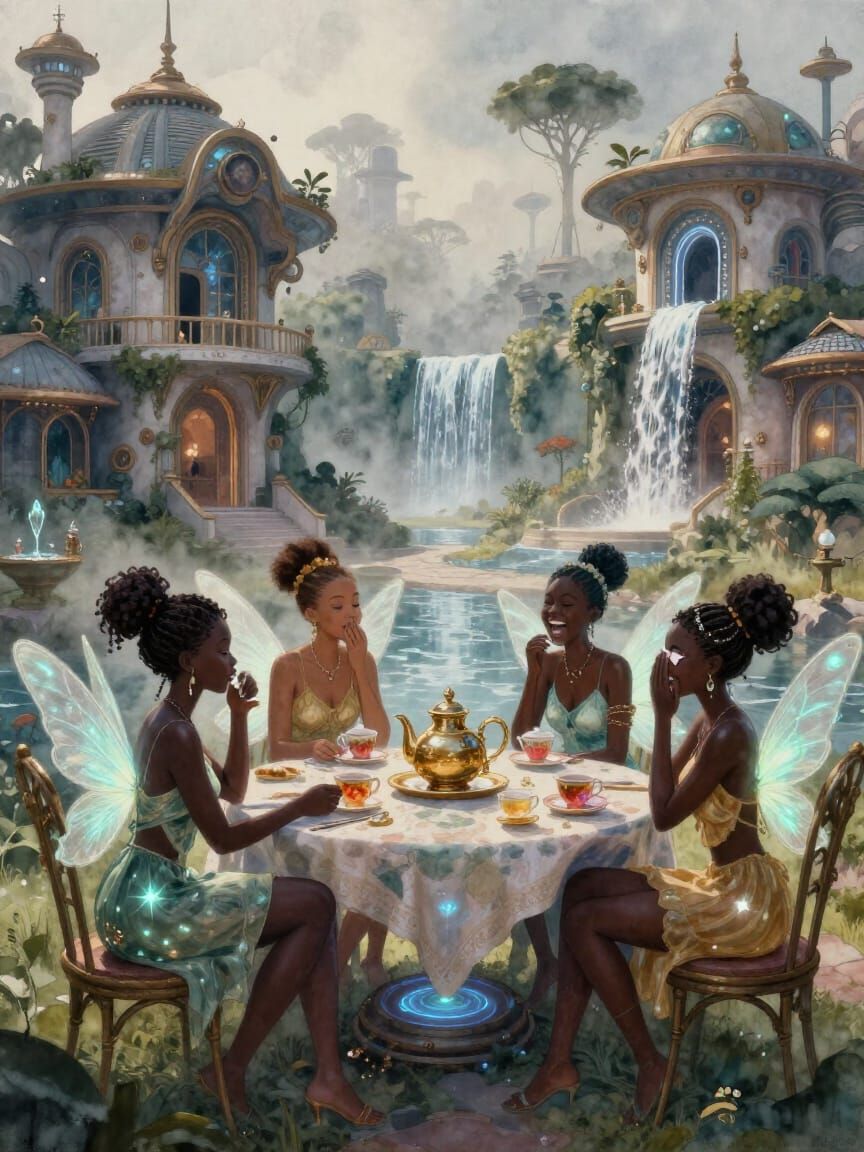 Bioluminescent Fairies Gossip in Afrofuturist Mansions