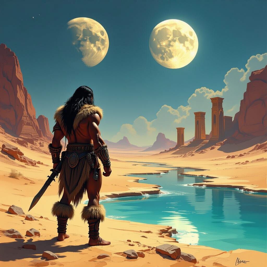 Barbarian on Alien Planet: Dark Fantasy Illustration