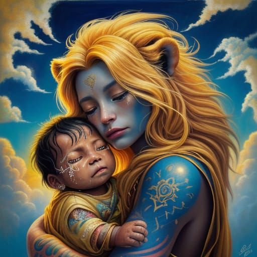 Surrealist Tattooed Woman, Lion, and Heavenly Babies