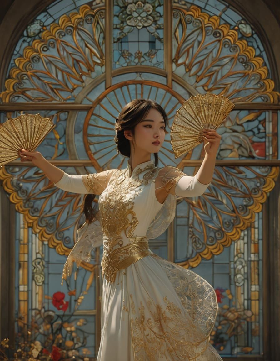 Ethereal Asian Dancer in Golden Splendor
