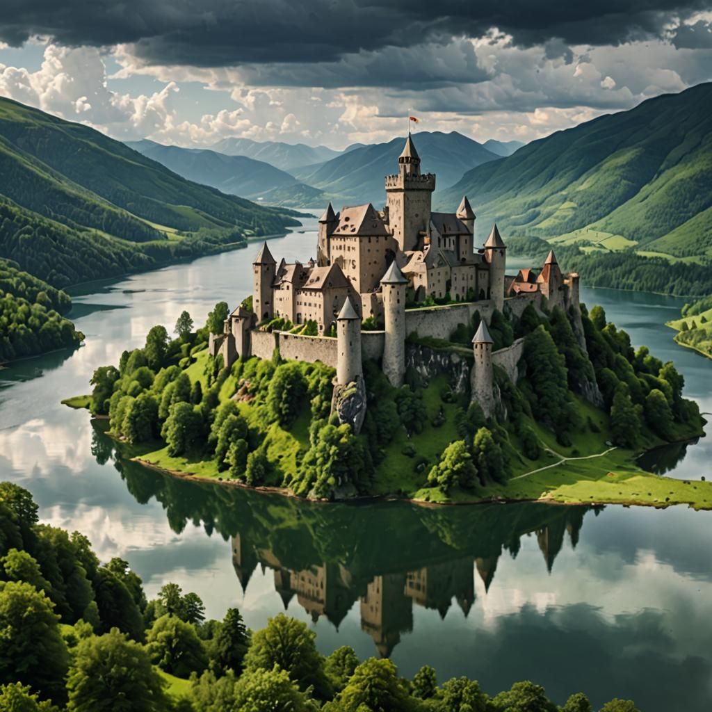 Medieval Castle on Hilltop with Lake and Forest
