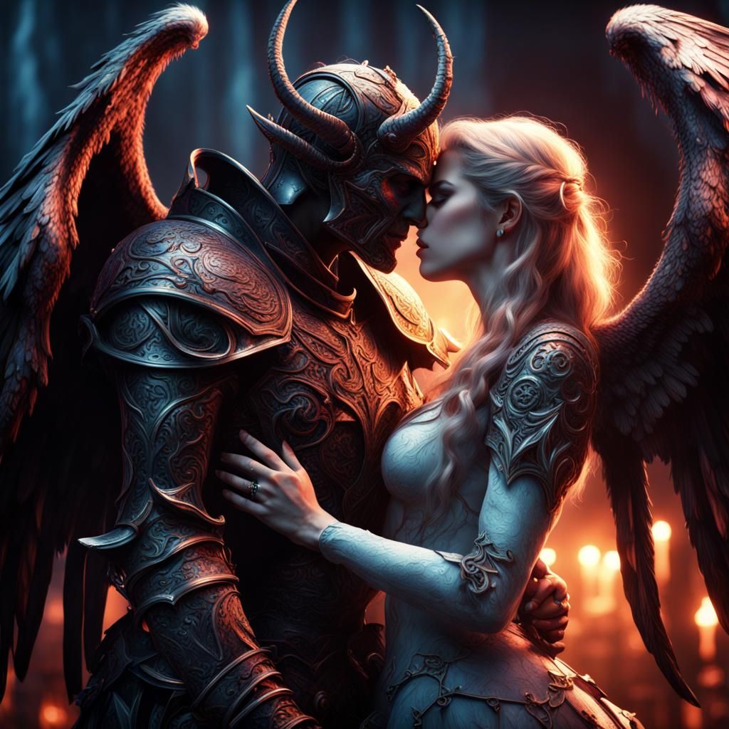 Demon Knight Kissing Angel Knight in Detailed Painting