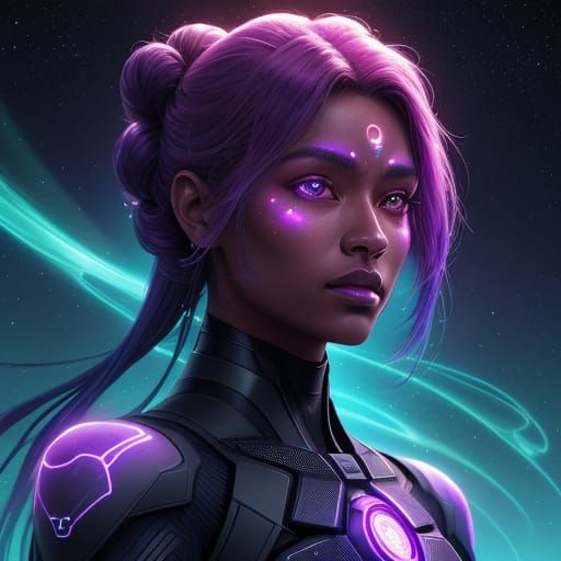 Galactic Woman with Glowing Light Language in Cosmic Neon Ar...