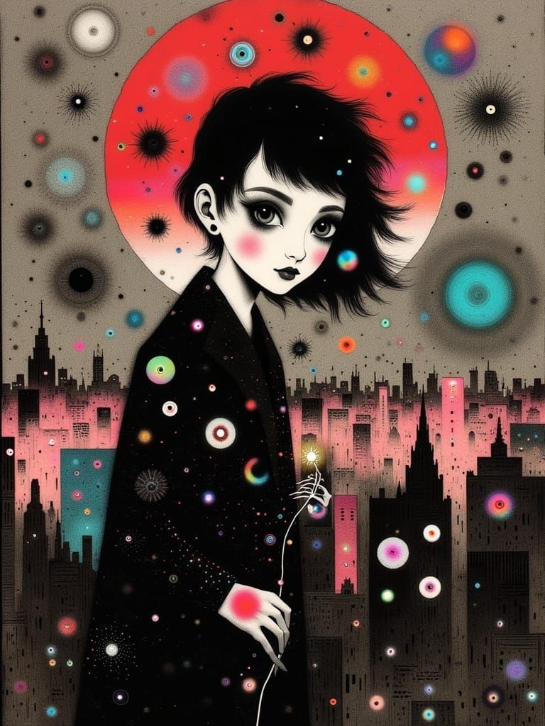 Metropolis in Art Nouveau Style with Geometric Graffiti