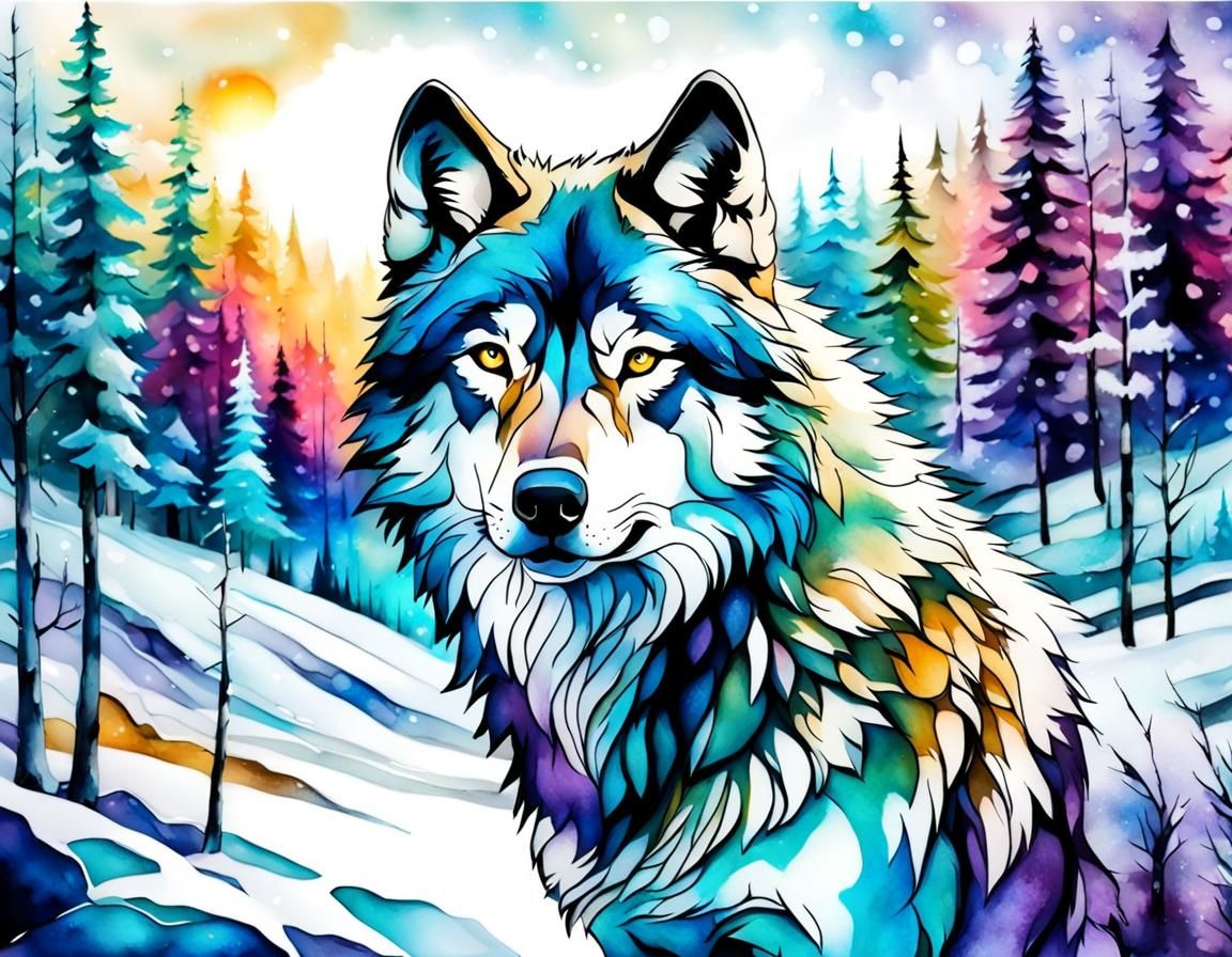 Winter Wolf in Snowy Forest, Alcohol Ink Style