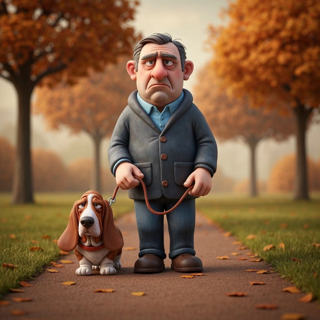 Grumpy Man and Basset Hound in Autumn Park