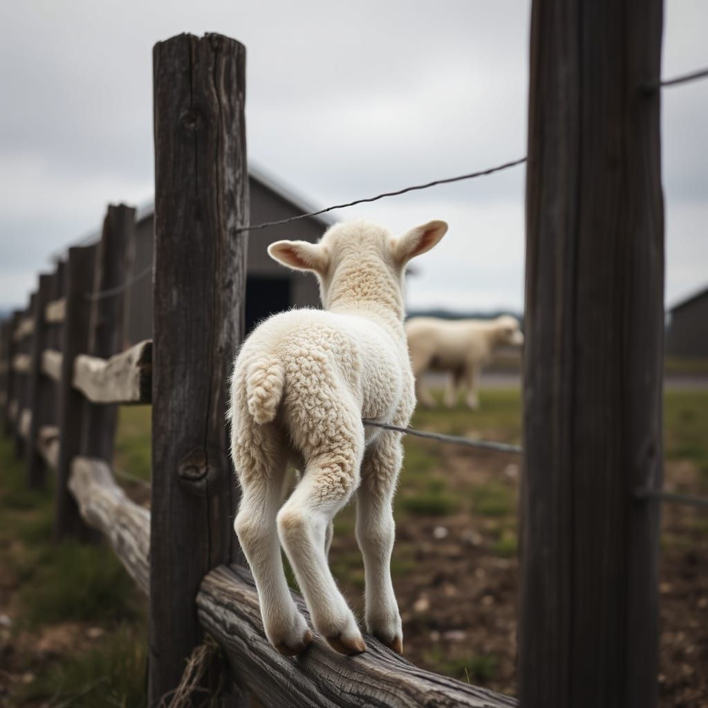 Isolated Lamb at Fence in Moody Lighting