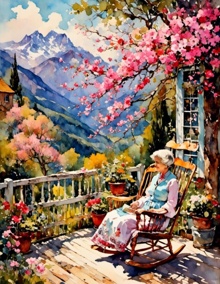 Hillbilly Grandma on Rustic Porch as Mixed Media Collage